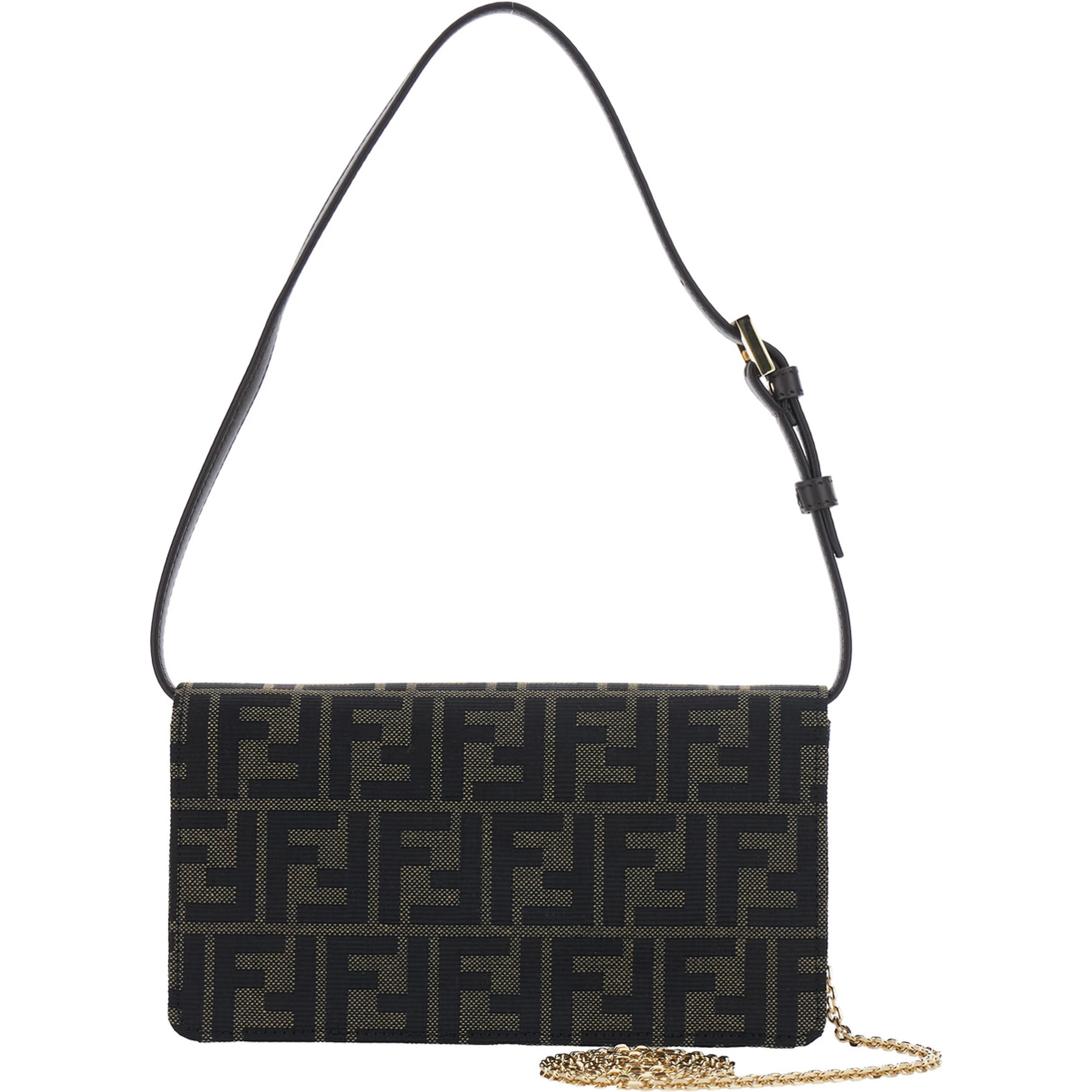 Brown Crossbody bag with leather strap and chain strap in FF canvas for women