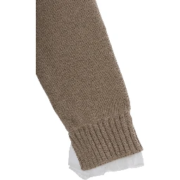 Beige Crewneck Sweater with Ribbed Trims and Logo Plate on the Front in Blend Wool and Cotton Girl