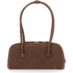 Soft Boston Ew Brown Shoulder bag with Two Top Handles and Logo lettering on the Front in Leather for Women