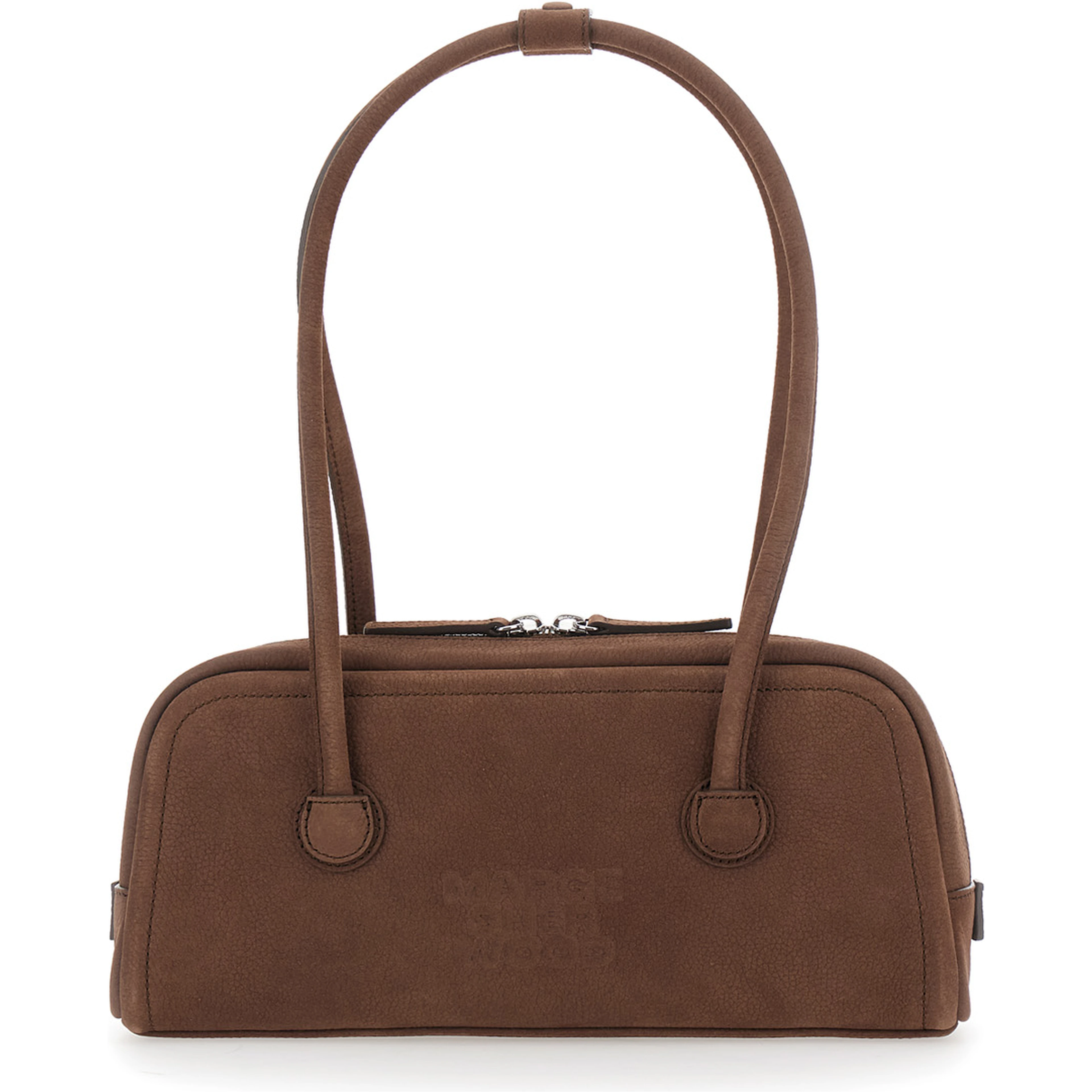Soft Boston Ew Brown Shoulder bag with Two Top Handles and Logo lettering on the Front in Leather for Women