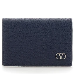 Black Card holder with VLogo plaque on the front in grained leather for men
