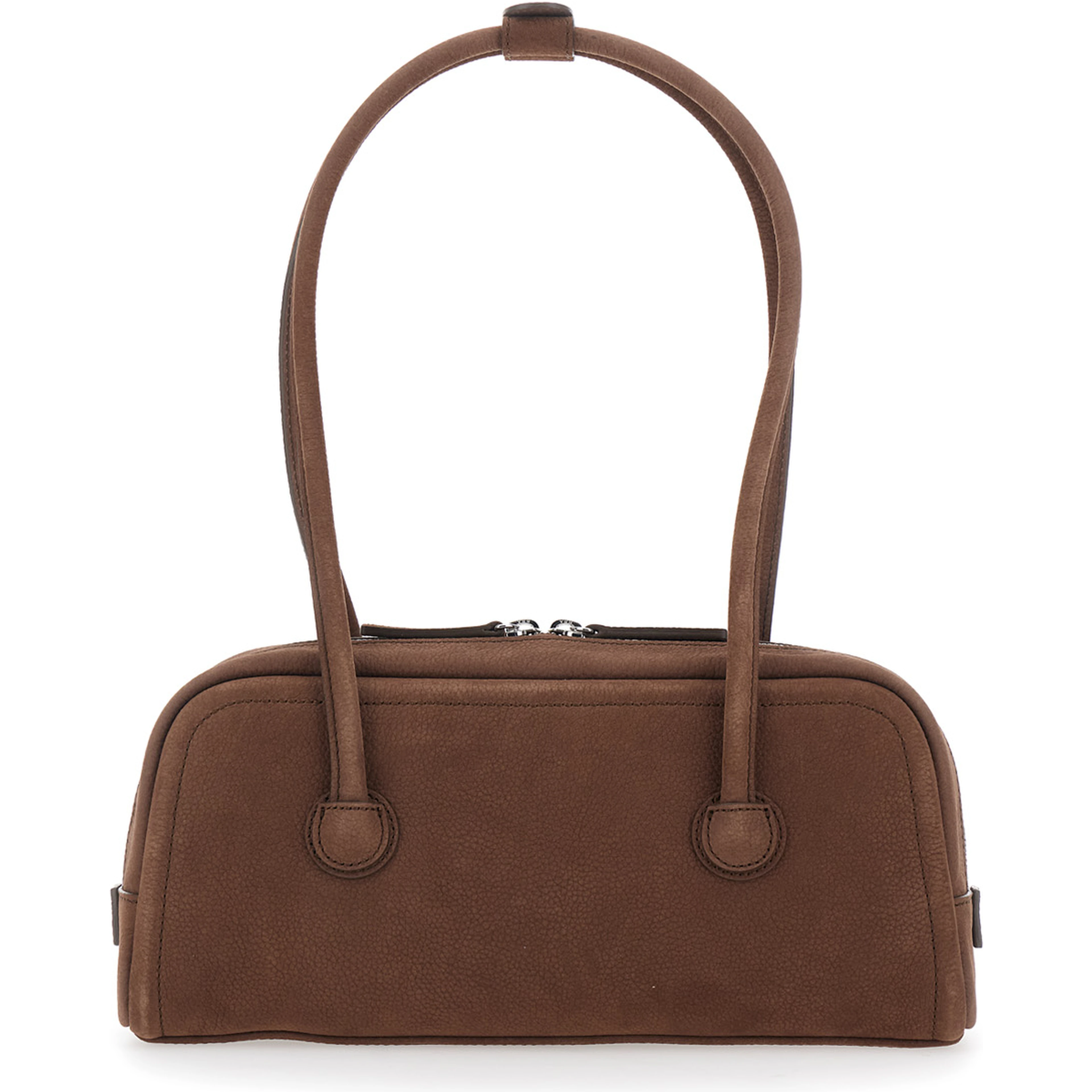 Soft Boston Ew Brown Shoulder bag with Two Top Handles and Logo lettering on the Front in Leather for Women