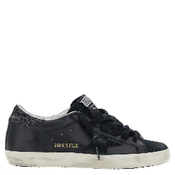 Superstar Black Sneakers with Star Patch on the Side and Glittered Heel with Logo Lettering in Leather and Suede for Women