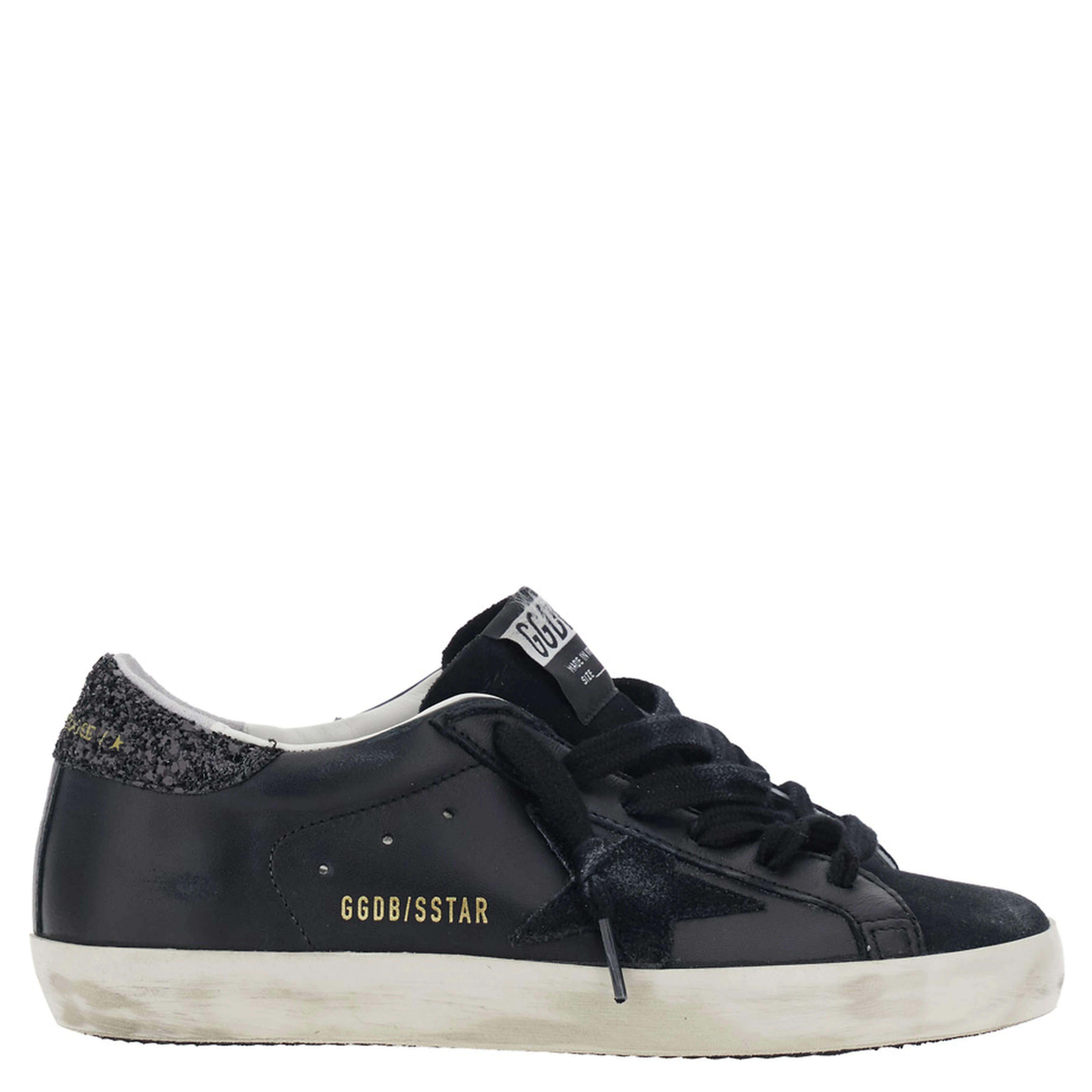 Superstar Black Sneakers with Star Patch on the Side and Glittered Heel with Logo Lettering in Leather and Suede for Women