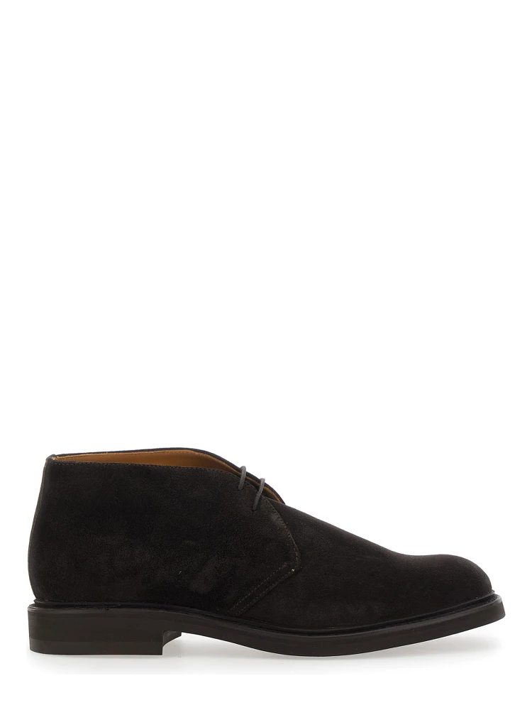 Brown lace-up shoes with rounded toe and low heel in suede for men