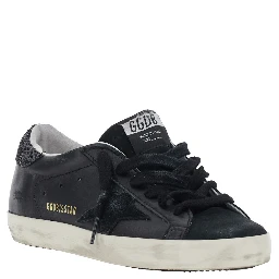 Superstar Black Sneakers with Star Patch on the Side and Glittered Heel with Logo Lettering in Leather and Suede for Women