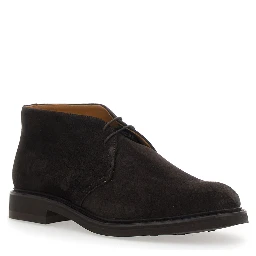 Brown lace-up shoes with rounded toe and low heel in suede for men