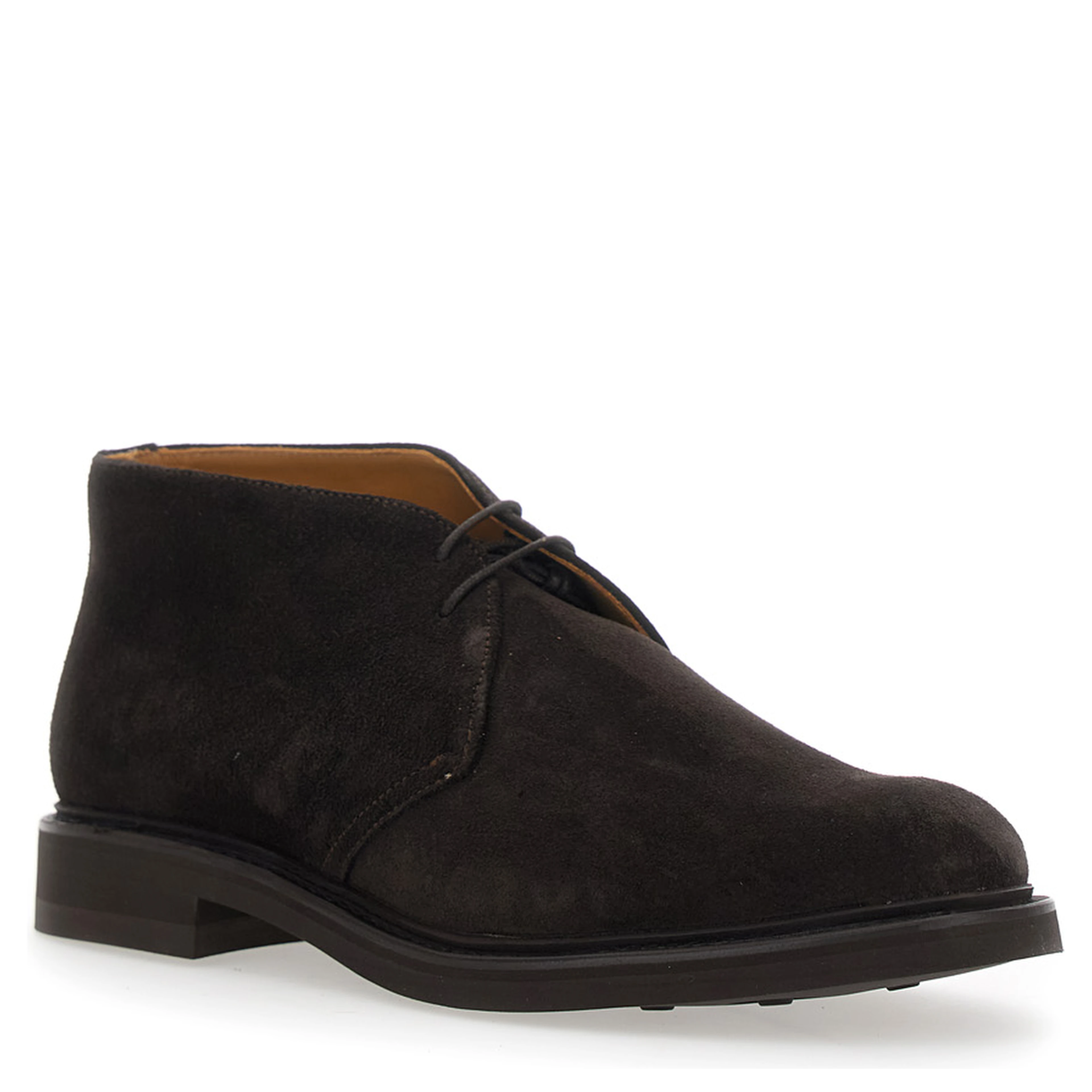 Brown lace-up shoes with rounded toe and low heel in suede for men