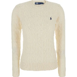 Julianna White Sweater with Pony embroidery on the front and cable knit in wool and cashmere for women