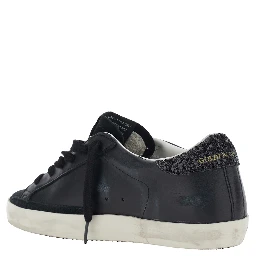 Superstar Black Sneakers with Star Patch on the Side and Glittered Heel with Logo Lettering in Leather and Suede for Women