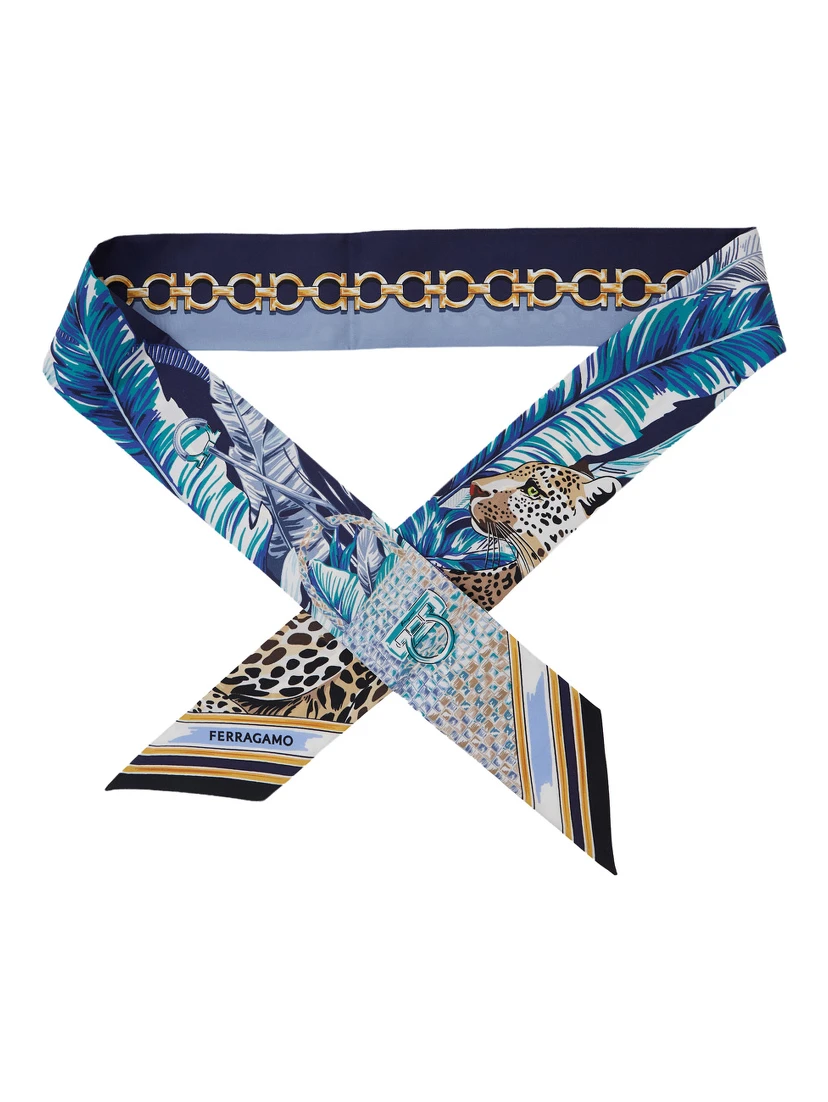 blue Scarf with All-over Print and embossed logo lettering in Silk Women