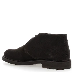 Brown lace-up shoes with rounded toe and low heel in suede for men