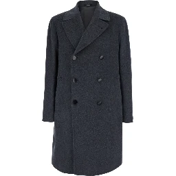 Arden Gray Double-breasted Coat with Notched Revers and Half Belt in Wool for Men
