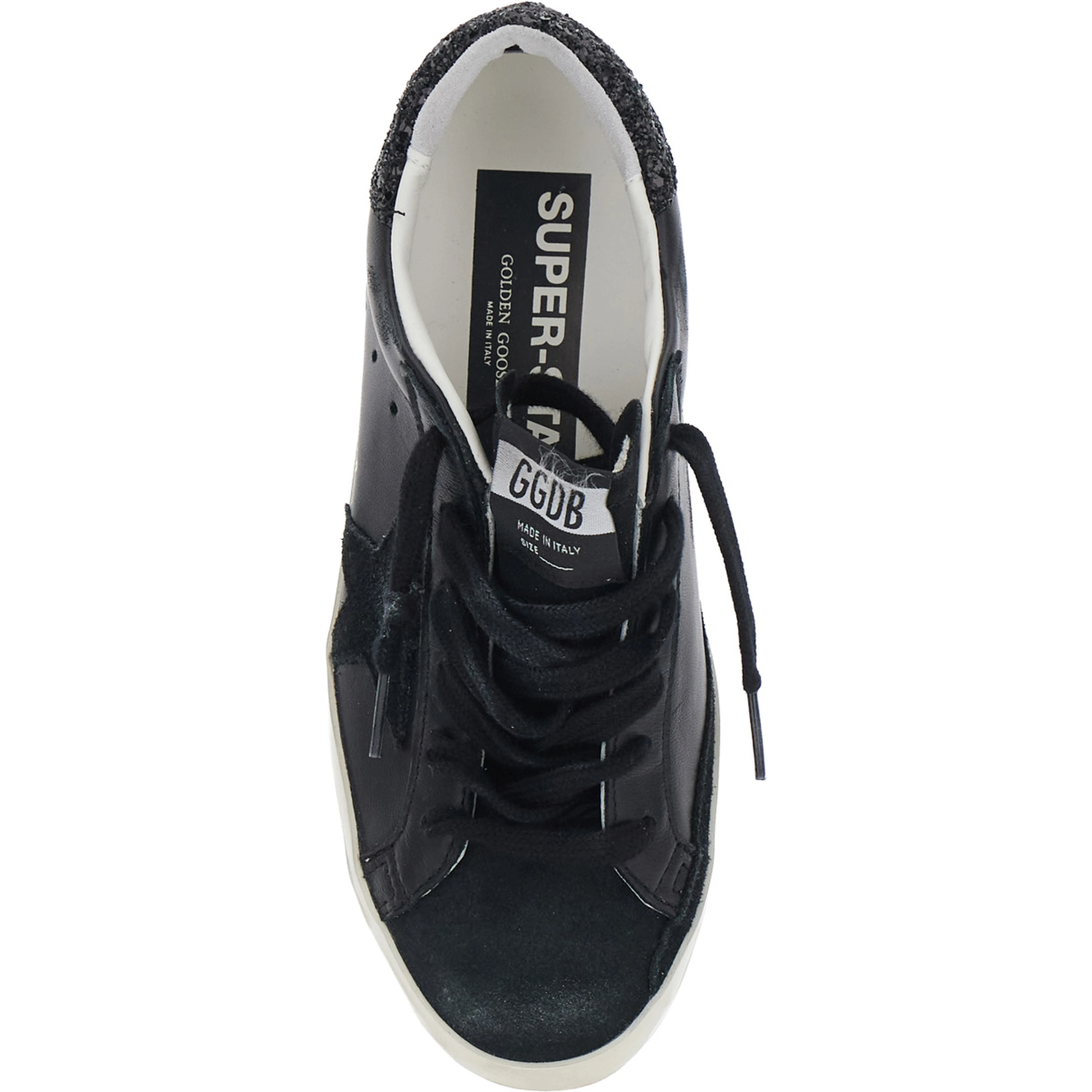 Superstar Black Sneakers with Star Patch on the Side and Glittered Heel with Logo Lettering in Leather and Suede for Women