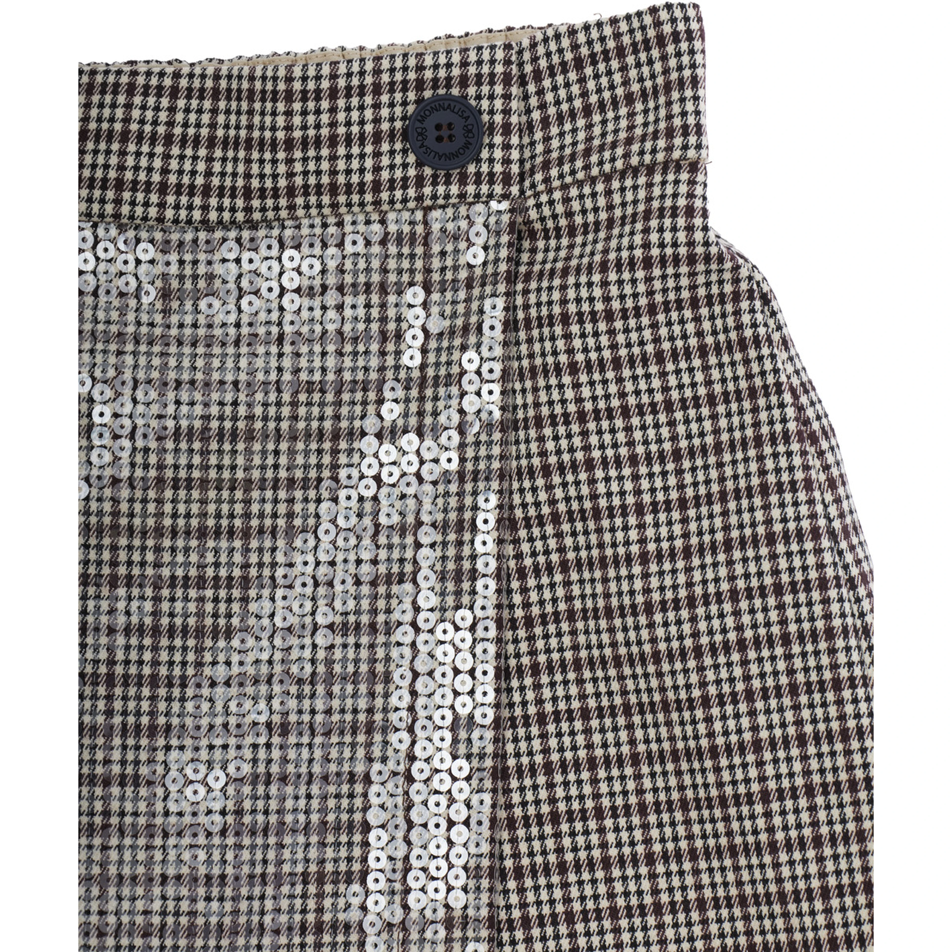 Brown Skirt with Houndstooth Motif and Sequins Decoration in Tech Fabric Girl