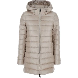 Down jacket with hood and drawstring in tech fabric beige women