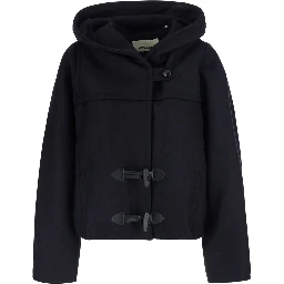 Blue Jacket with hood and Toggle closure on the front in wool and cashmere for women