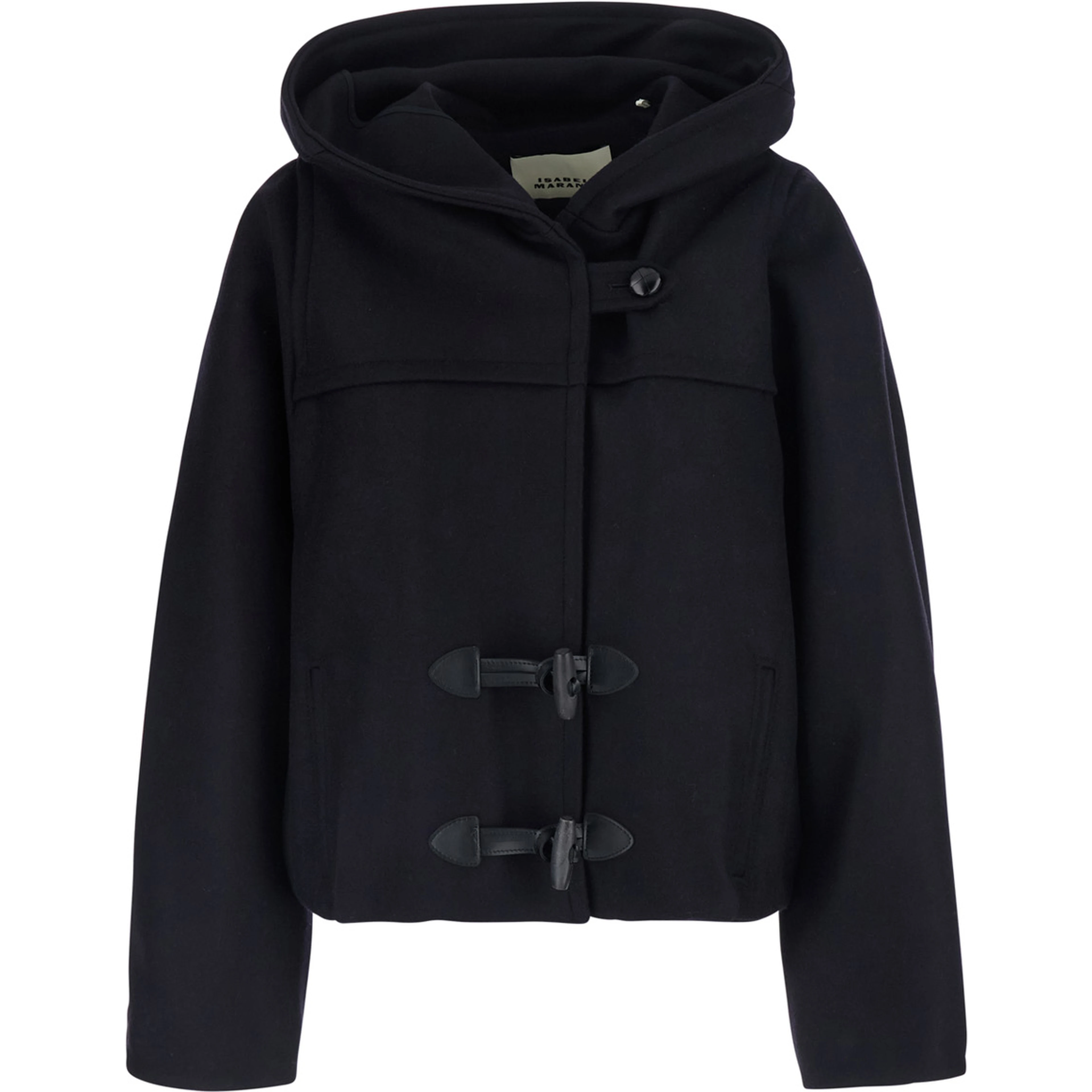 Blue Jacket with hood and Toggle closure on the front in wool and cashmere for women
