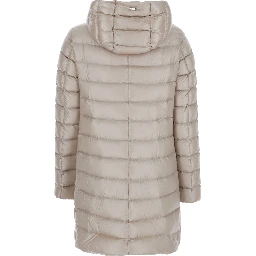 Down jacket with hood and drawstring in tech fabric beige women