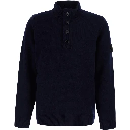 Blue High-neck sweater with front buttons and logo patch on the sleeve in wool for men