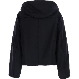Blue Jacket with hood and Toggle closure on the front in wool and cashmere for women