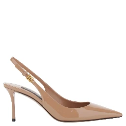 Pink Slingback Pumps with Ankle Strap and Logo Plate in Patent Leather for Women