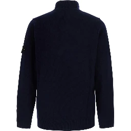 Blue High-neck sweater with front buttons and logo patch on the sleeve in wool for men