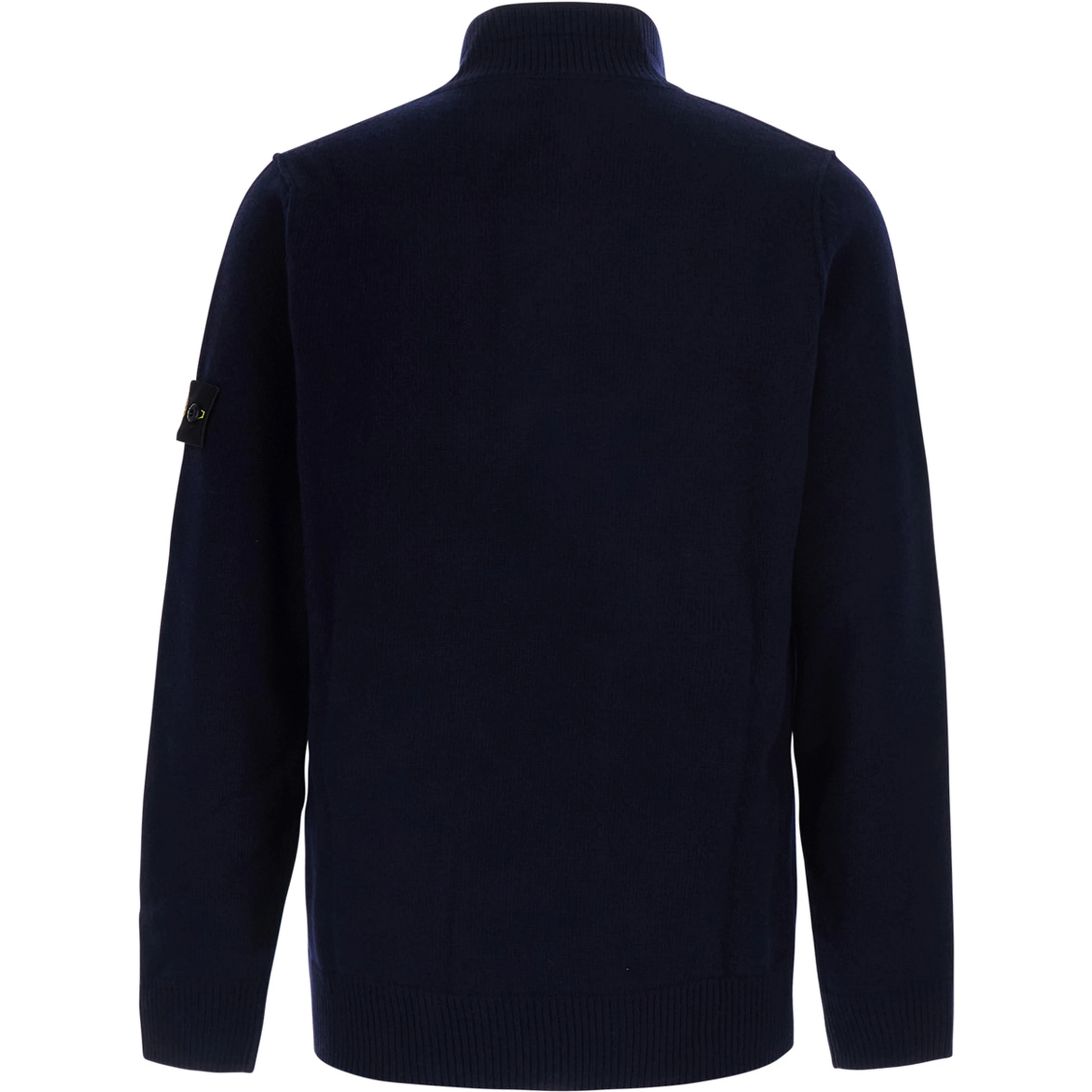 Blue High-neck sweater with front buttons and logo patch on the sleeve in wool for men