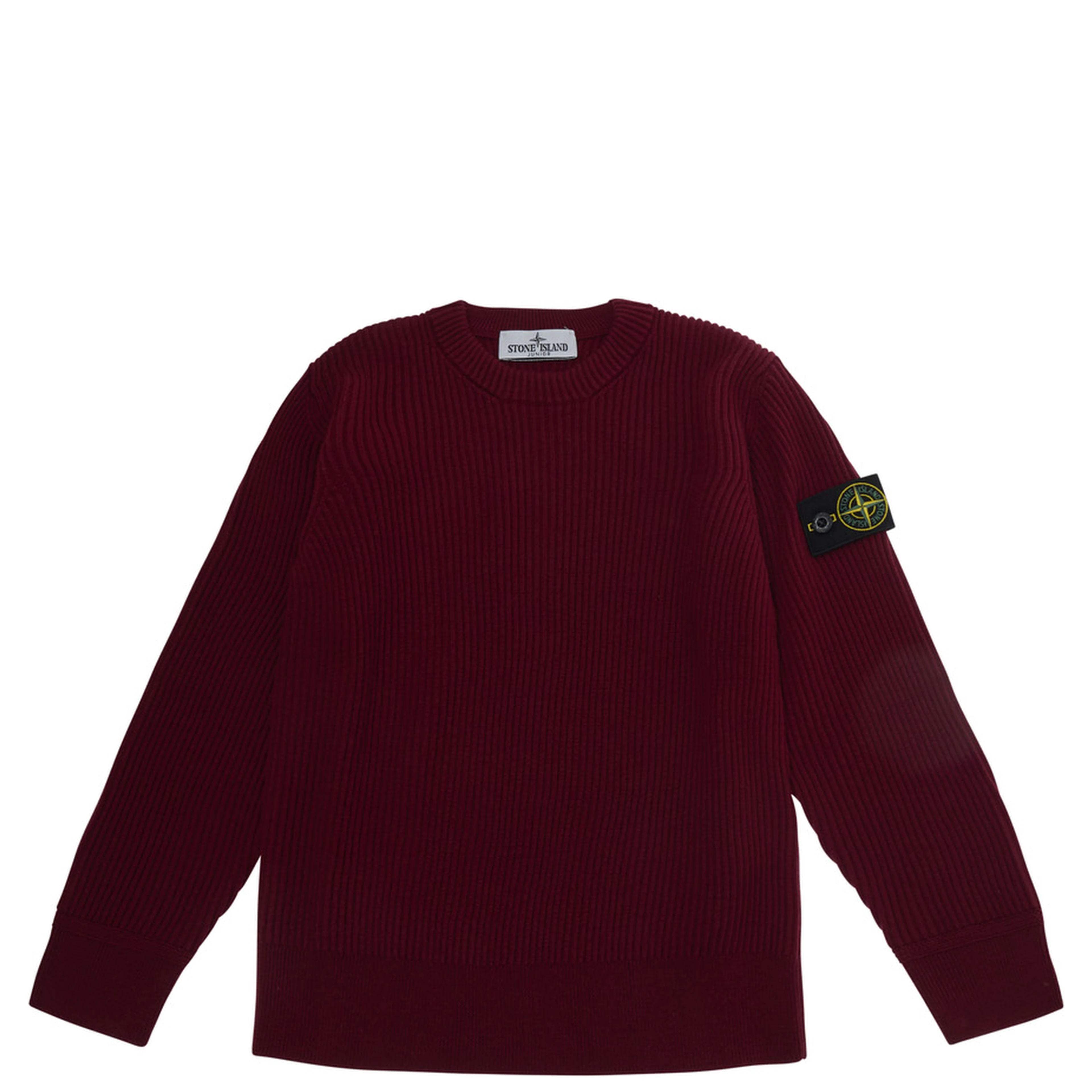 Red Crew neck sweater with ribbed knit and logo patch on the sleeve in blend wool boy