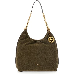 Indie Green Shoulder Bag with Chain Strap and Logo Pendant on Front in Suede for Women