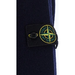 Blue High-neck sweater with front buttons and logo patch on the sleeve in wool for men