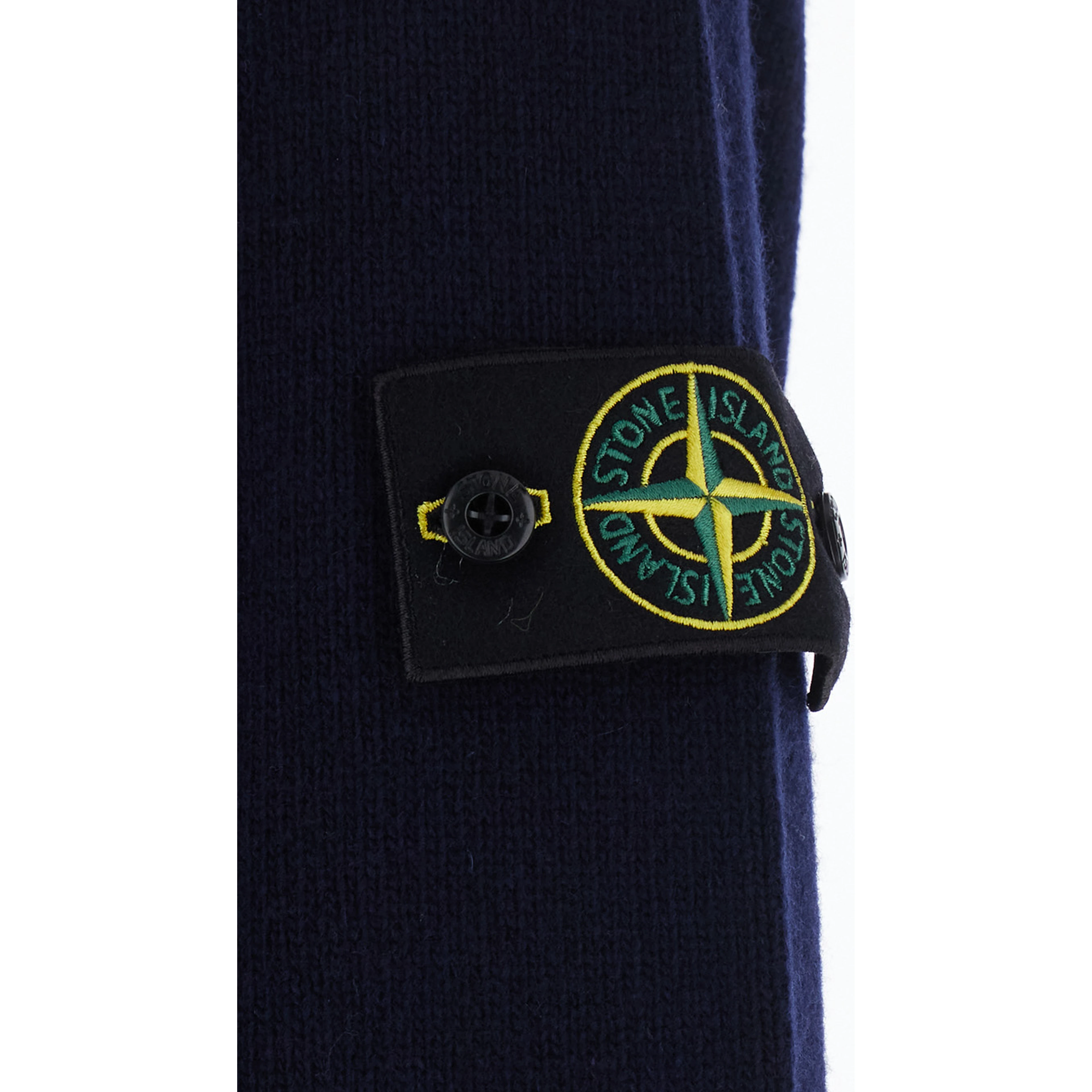 Blue High-neck sweater with front buttons and logo patch on the sleeve in wool for men