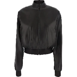 Black Cropped Bomber Jacket with High Collar in Leather for Women