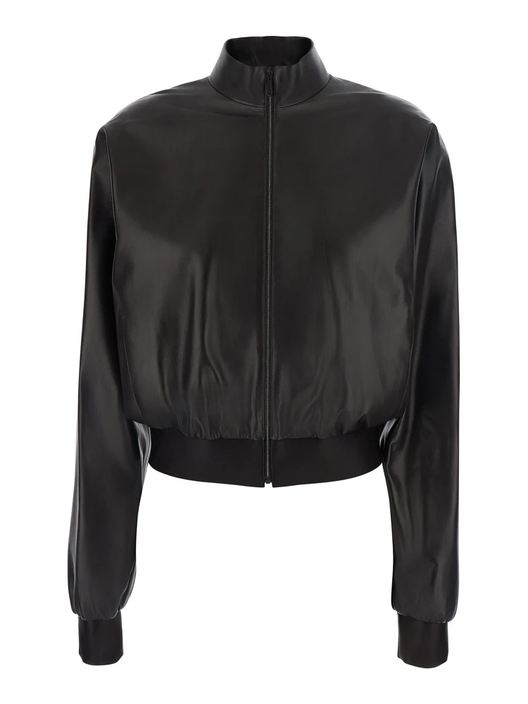 Black Cropped Bomber Jacket with High Collar in Leather for Women