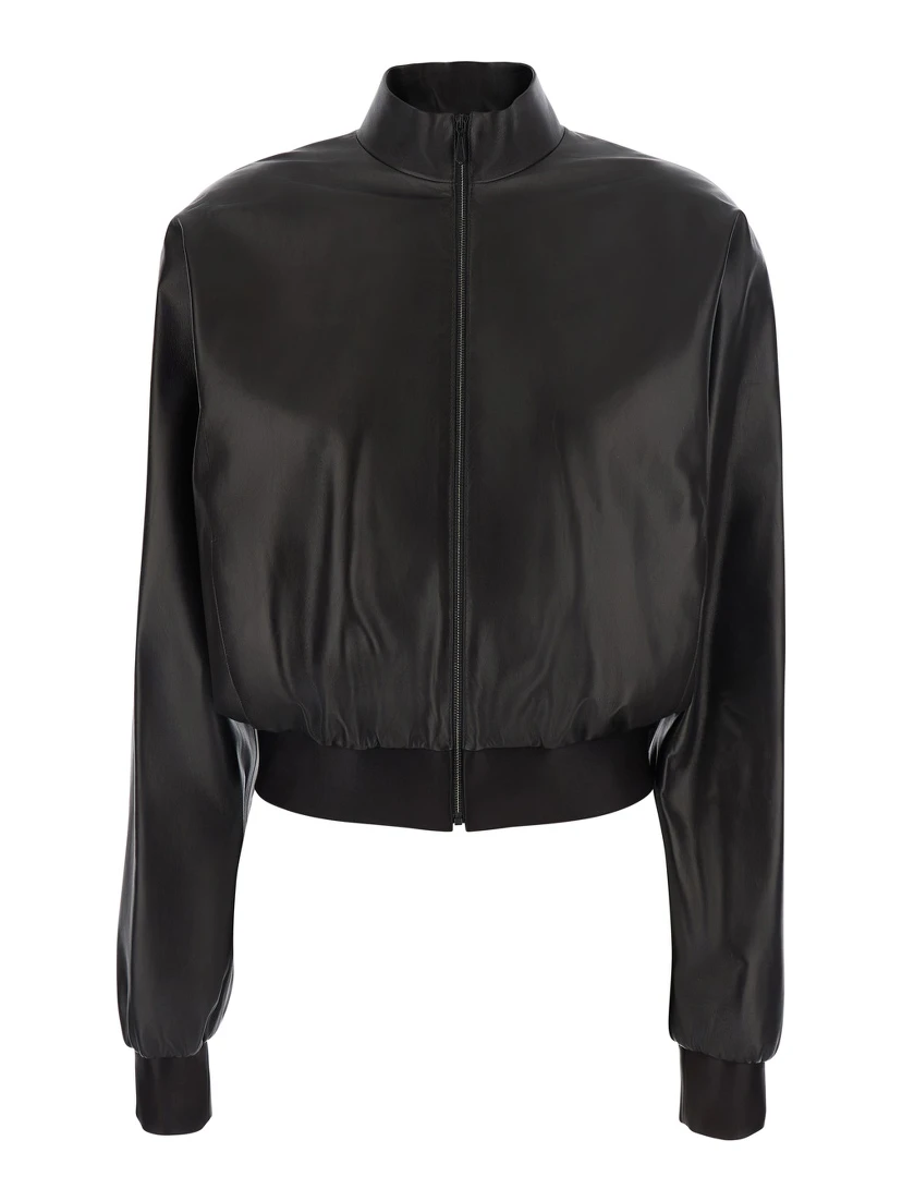 Black Cropped Bomber Jacket with High Collar in Leather for Women