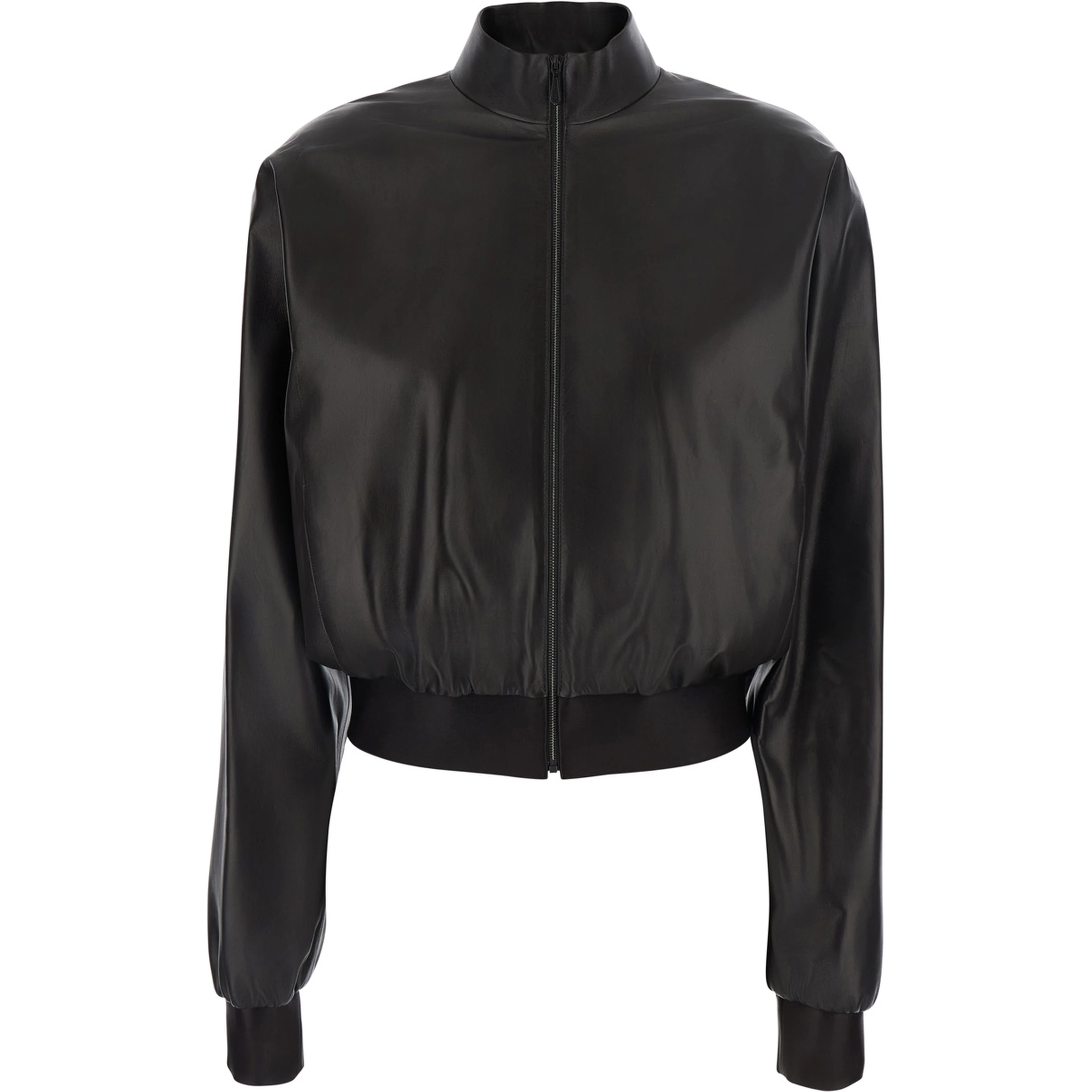 Black Cropped Bomber Jacket with High Collar in Leather for Women