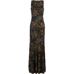 Multicolor Long sleeveless round neck dress with all-over embroidery in Tech Fabric for women