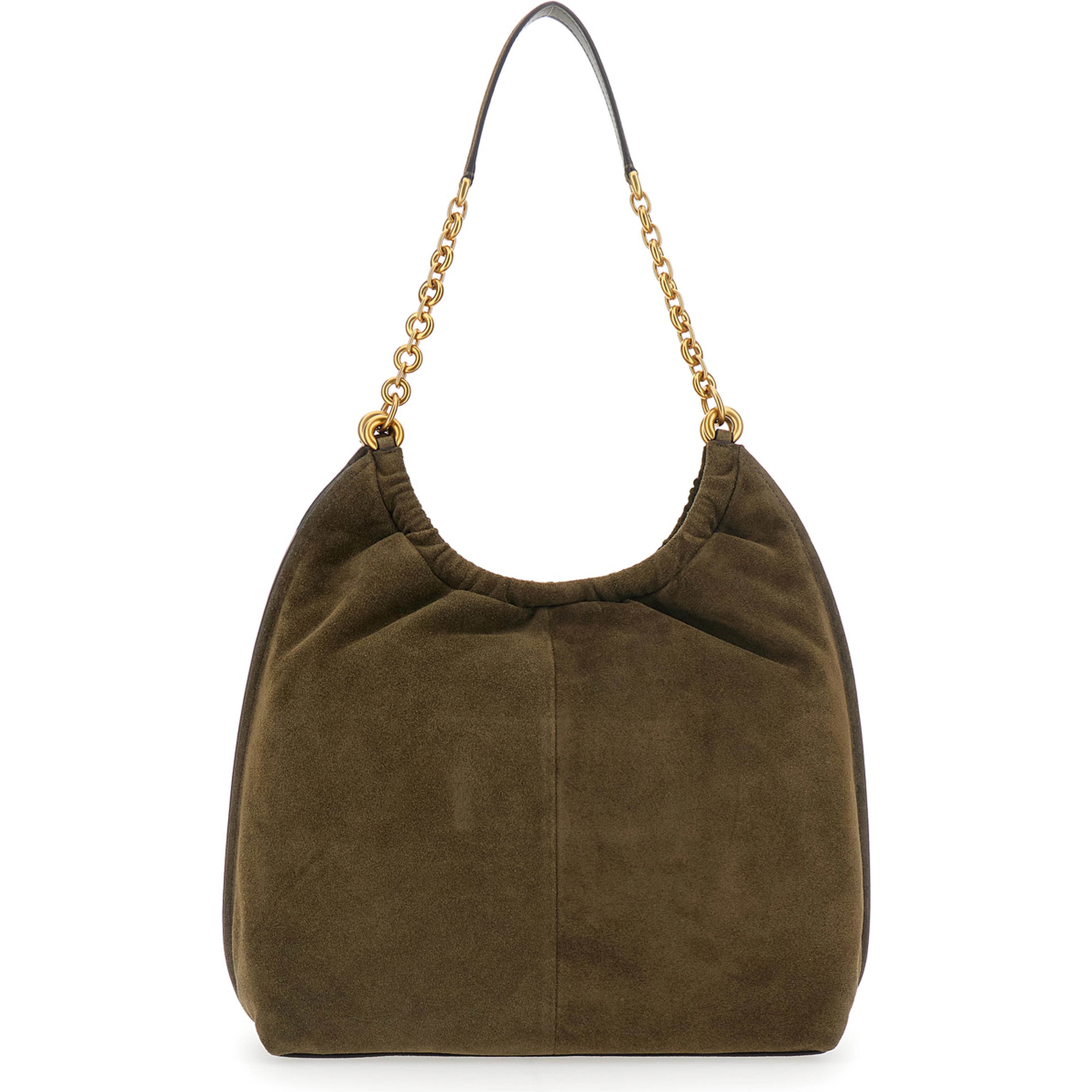 Indie Green Shoulder Bag with Chain Strap and Logo Pendant on Front in Suede for Women
