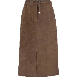 Gazza Brown Midi Skirt with Drawstring on the Front and Elasticized Waist on the Back in Suede for Women