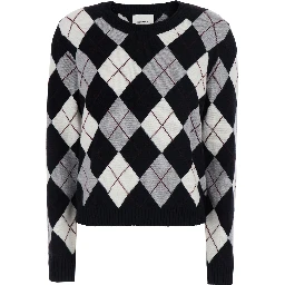 Antoni Black and White Crew Neck Sweater with All-Over Argyle Motif in Cashmere for Women