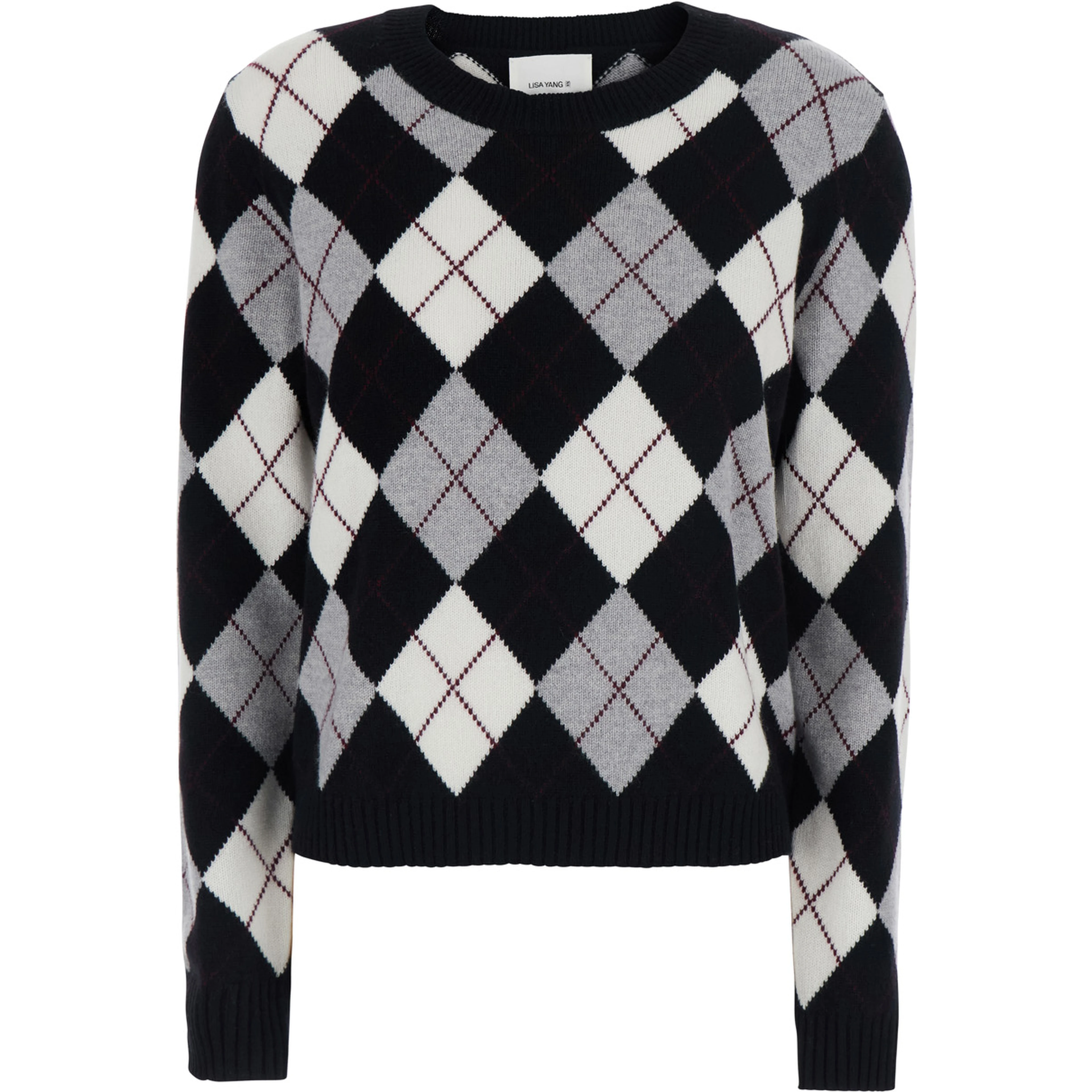 Antoni Black and White Crew Neck Sweater with All-Over Argyle Motif in Cashmere for Women
