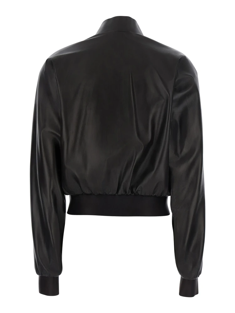 Black Cropped Bomber Jacket with High Collar in Leather for Women alternative