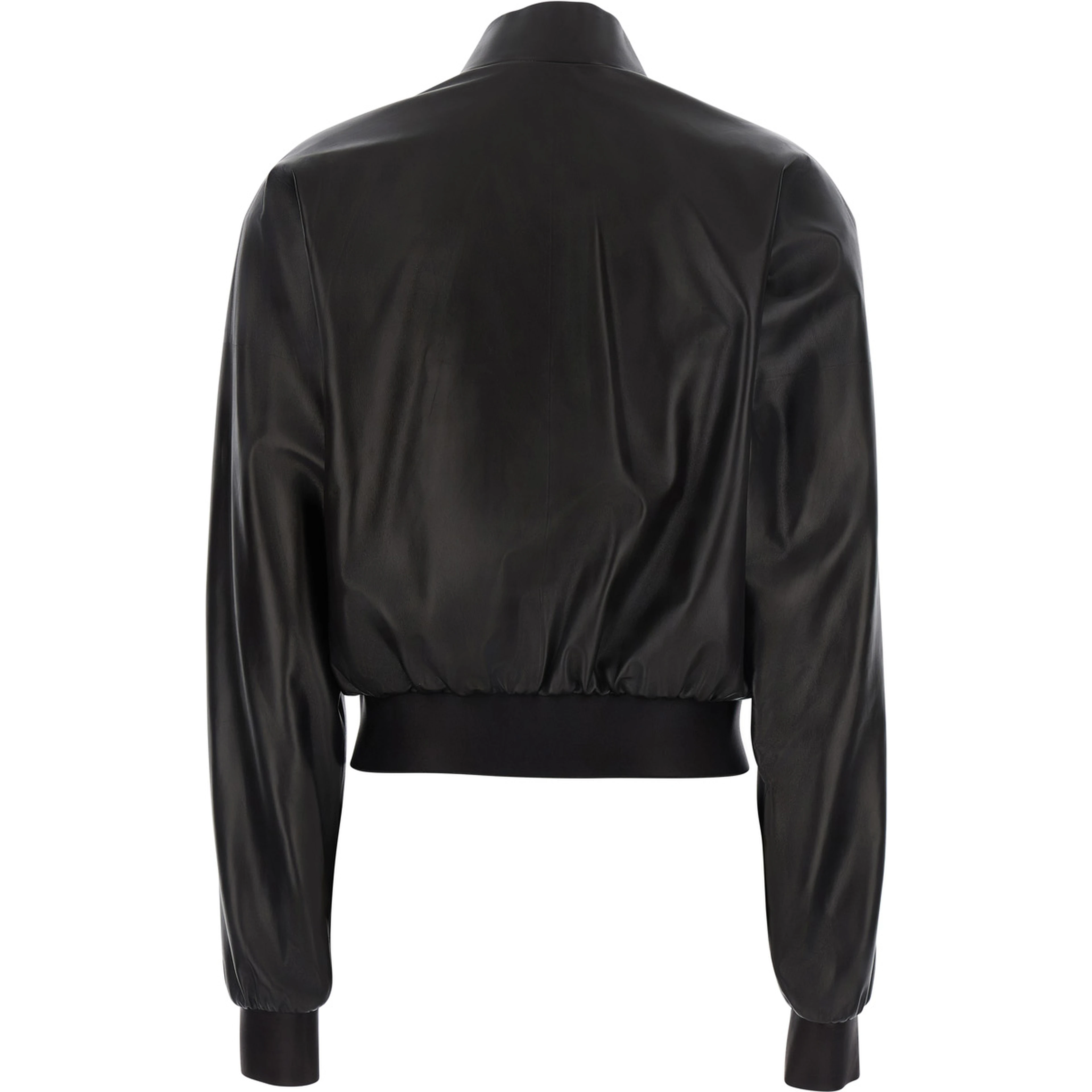 Black Cropped Bomber Jacket with High Collar in Leather for Women