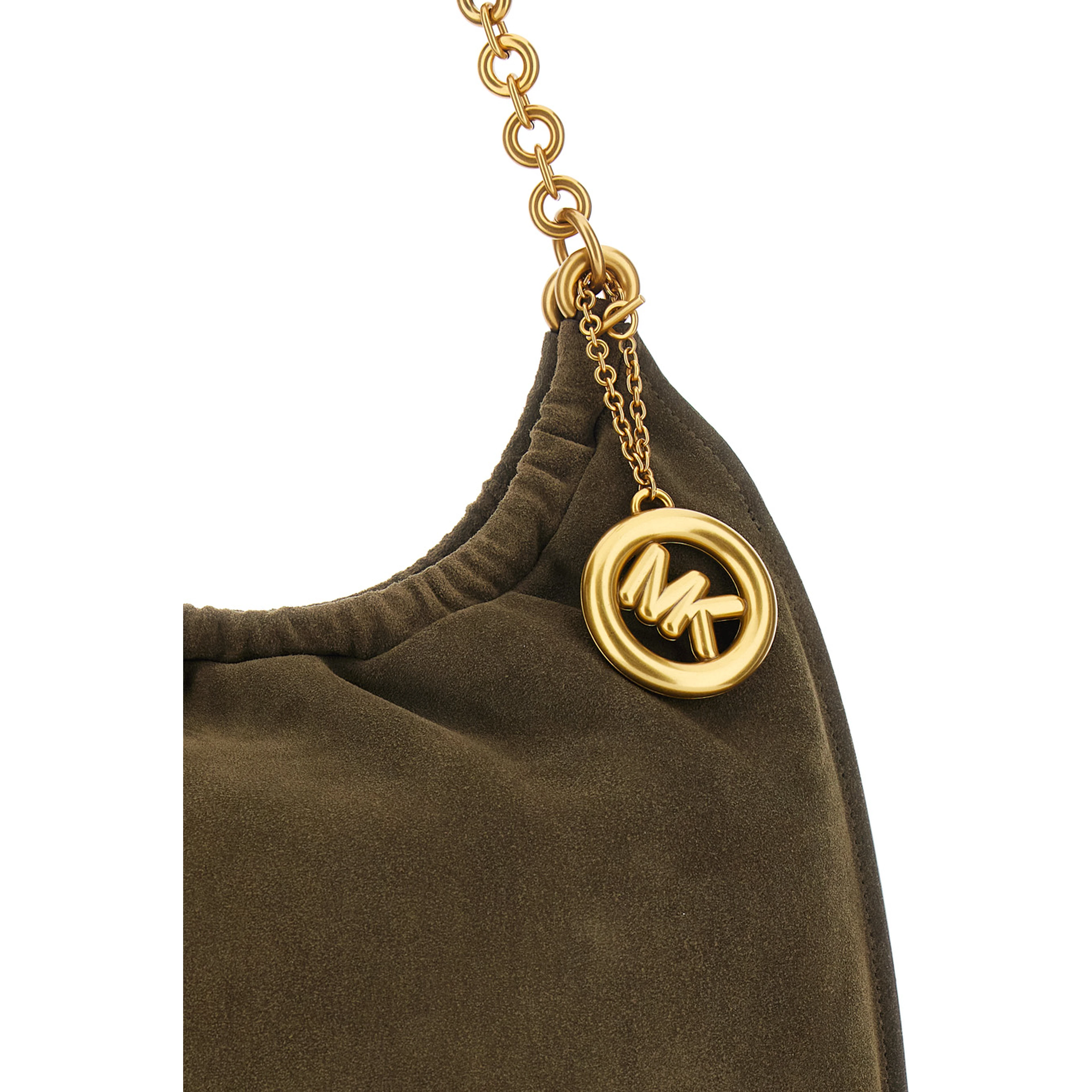 Indie Green Shoulder Bag with Chain Strap and Logo Pendant on Front in Suede for Women