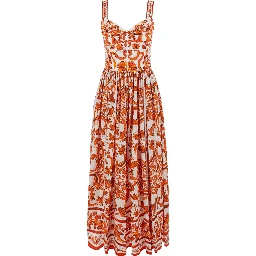 Orange Long Dress with Bodice with Built-In Cups and All-Over Maiolica Print in Cotton Woman