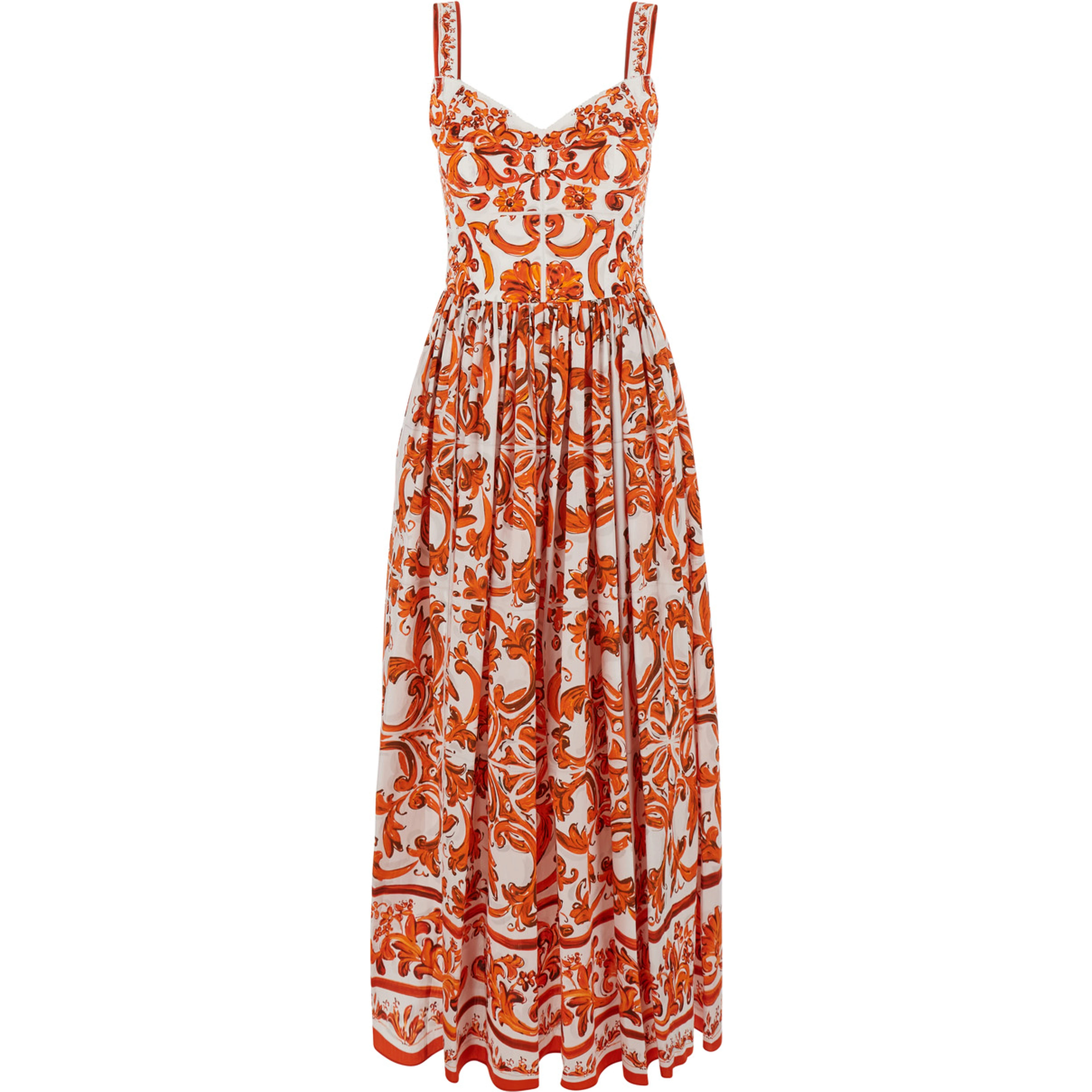 Orange Long Dress with Bodice with Built-In Cups and All-Over Maiolica Print in Cotton Woman