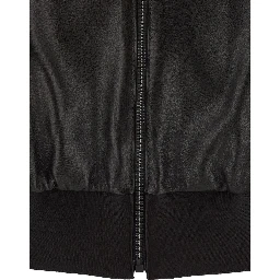 Black Cropped Bomber Jacket with High Collar in Leather for Women