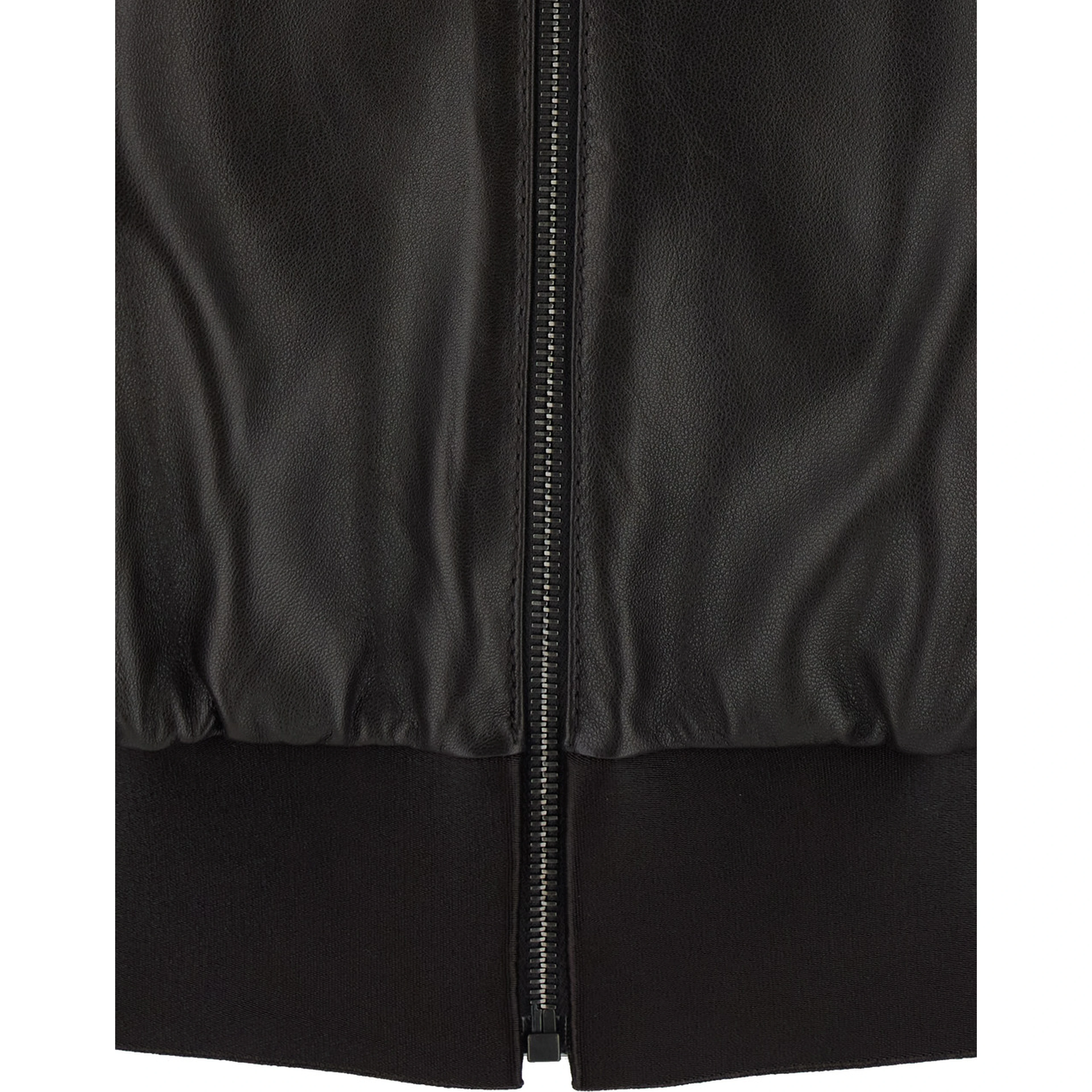 Black Cropped Bomber Jacket with High Collar in Leather for Women