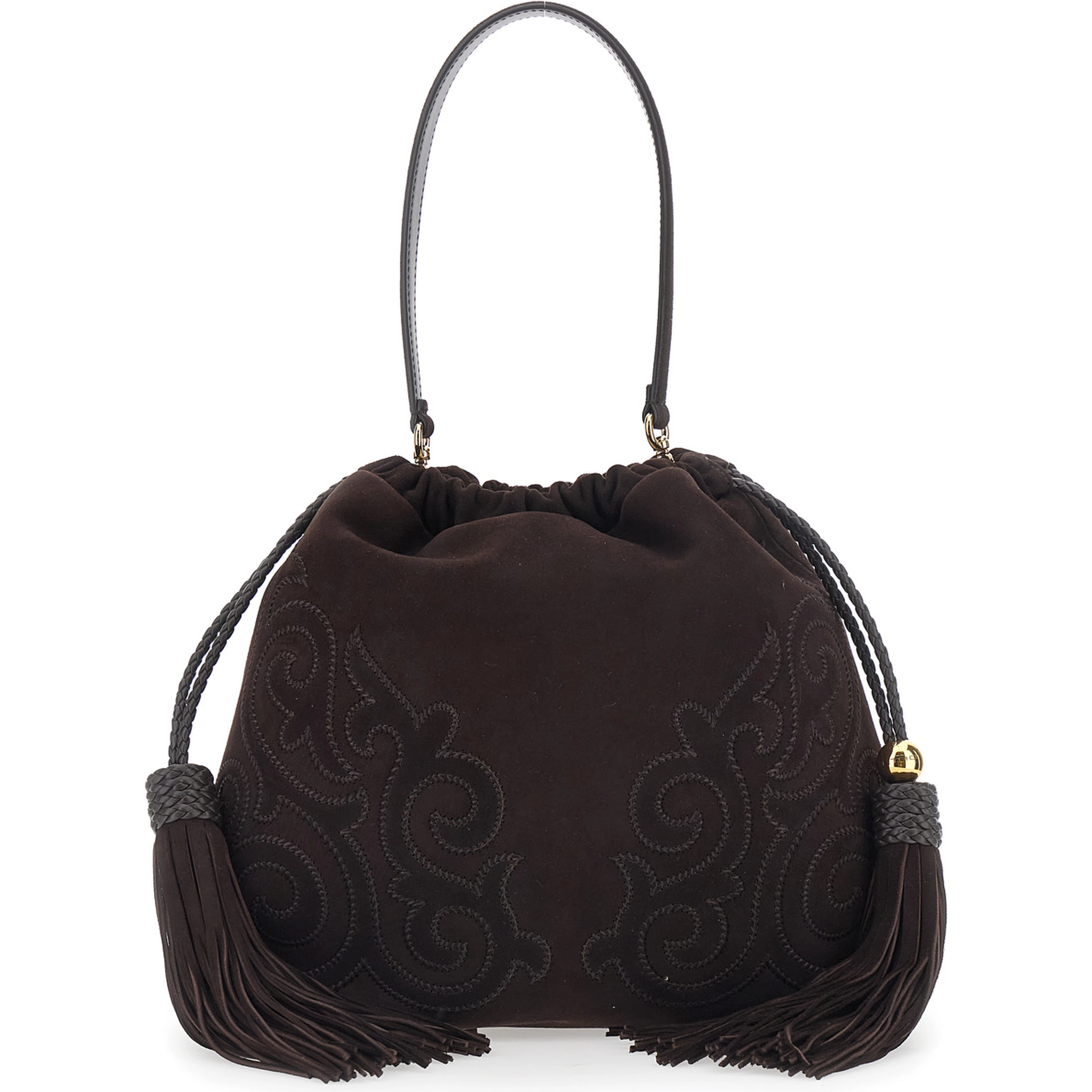 Kalispera Brown Shoulder bag with Drawstring Closure and Tassels on the Front in Suede for Women