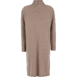 beige Dress with high collar and rhinestone details in wool and silk Blend women